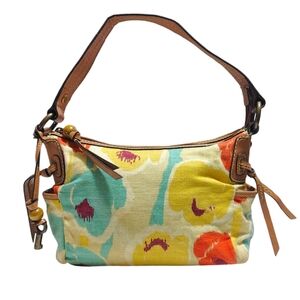 Fossil Colorful Floral Canvas Leather Boho Style Bag Handbag Purse Satchel